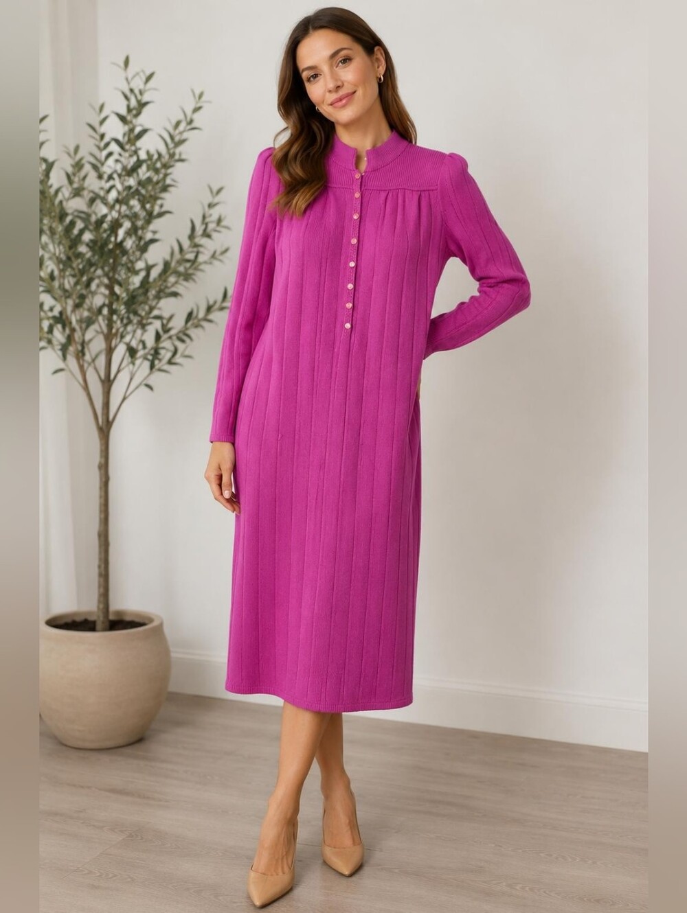 St. John Fuchsia Ribbed Long-Sleeve Midi Dress